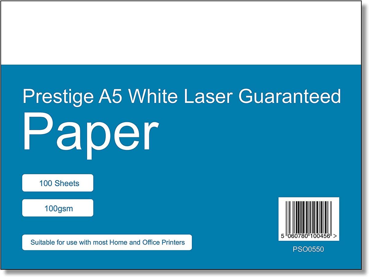 Prestige A5 100gsm Laser Inkjet Guaranteed White Paper - 100 Sheet Pack — smooth